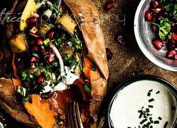 Baked sweet potatoes filled with eggplant and mango