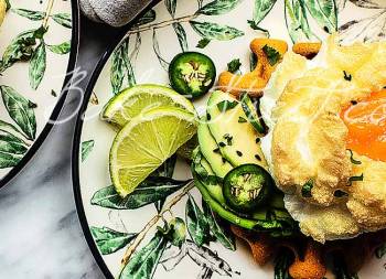 Cloud eggs with spicy tomato waffles