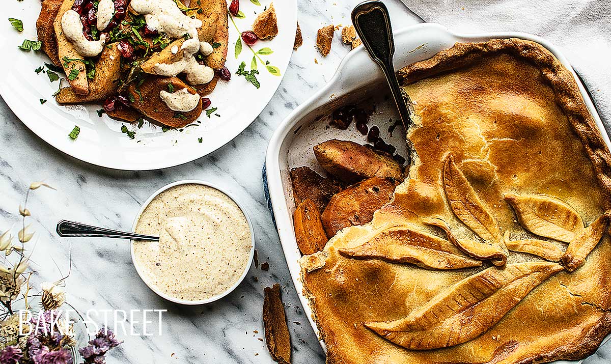 Sweet potato, quince and pomegranate pie