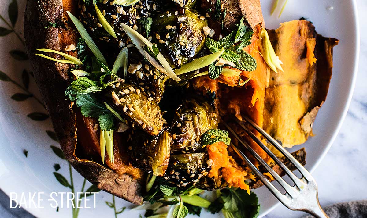 Sweet potatoes stuffed with Kung Pao Brussels sprouts