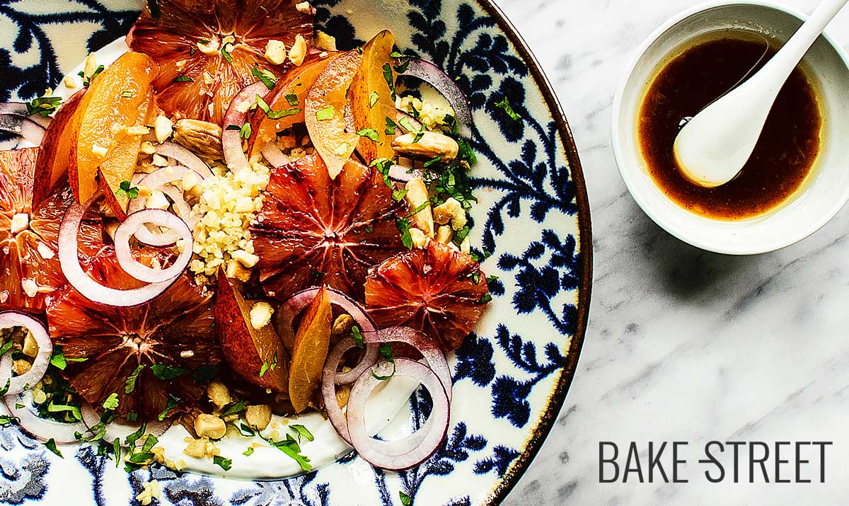 Aromatized bulgur salad with blood orange, plum and yoghurt