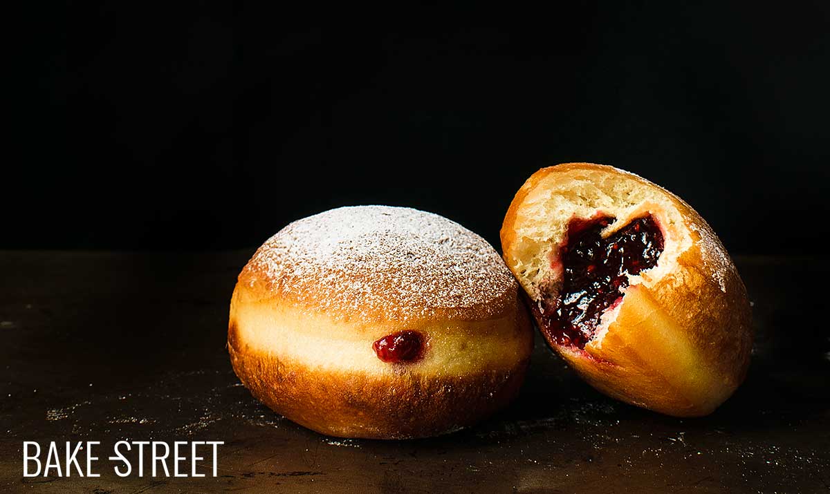 Krapfen, strawberry-filled doughnuts