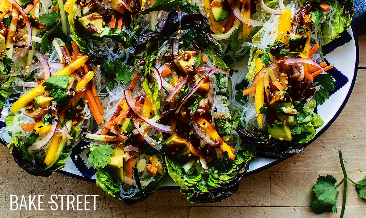 Lettuce wrap with vermicelli, mango and hoisin-sriracha sauce