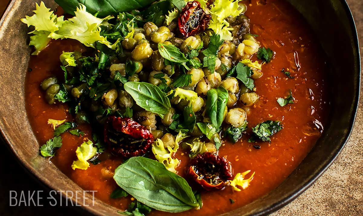 Mango, red pepper and miso soup with mung beans