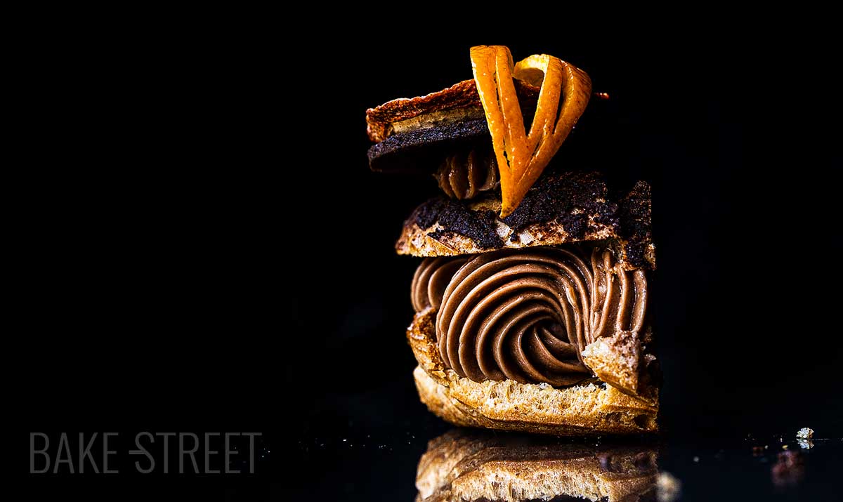 París Brest con mousseline de chocolate y naranja