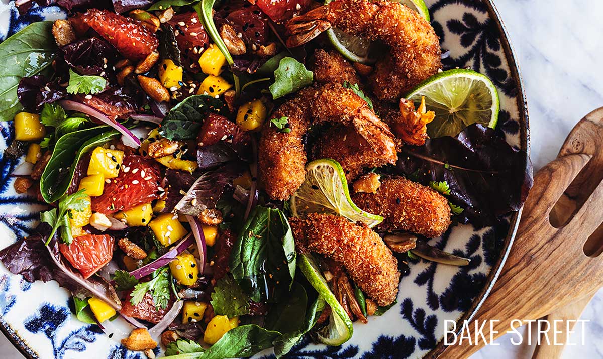 Coconut battered prawns with grapefruit salad