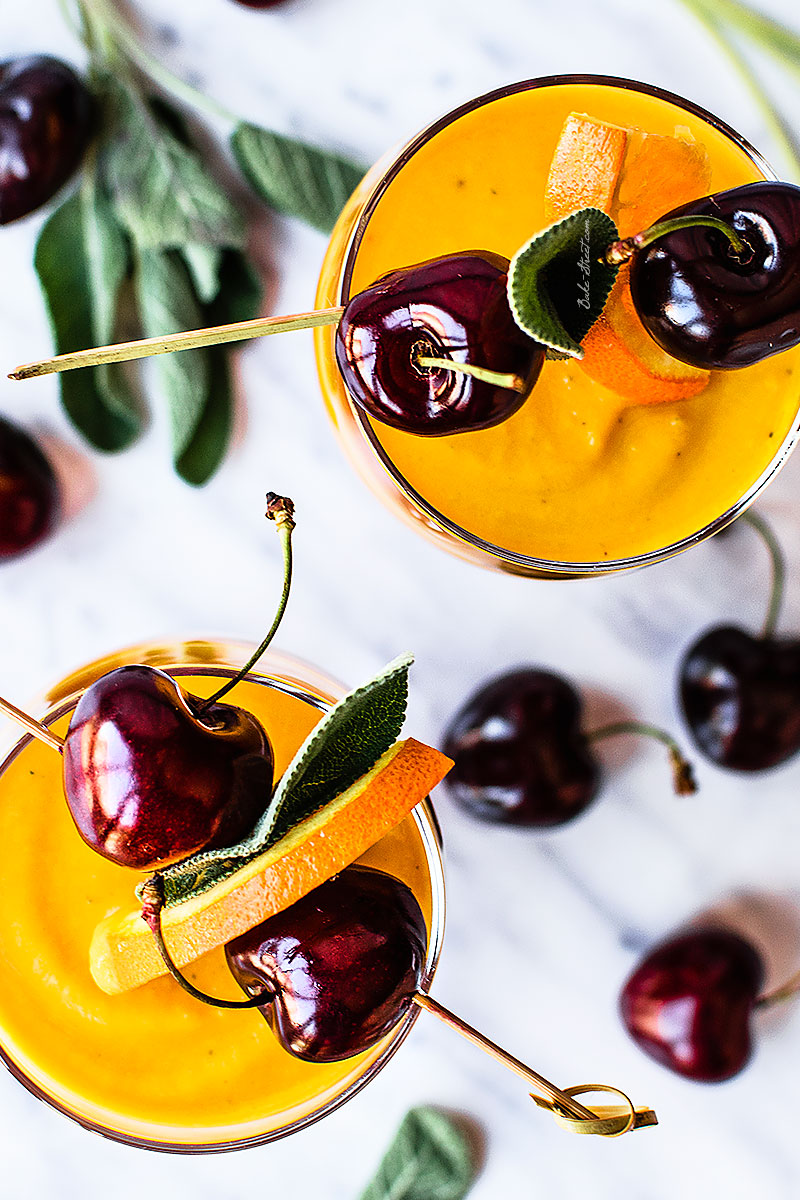 Sunrise, crema de calabaza y gazpacho de cerezas